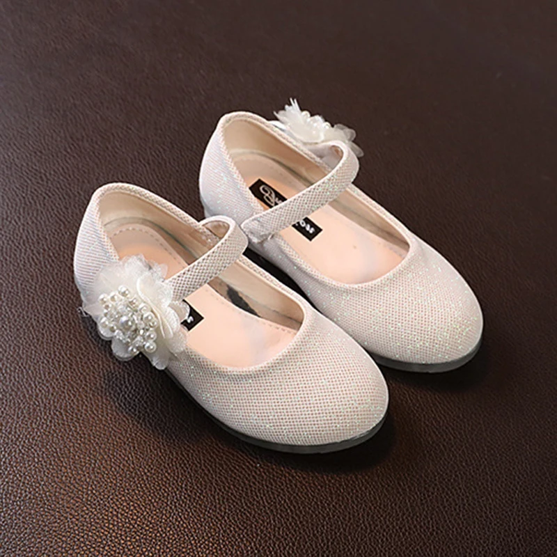 Baywell New Childrens Girl\'s Shoes Pearl Flower Design Kids Princess Shoes Toddler Baby Girls Flat Shoes Party And Wedding Shoe