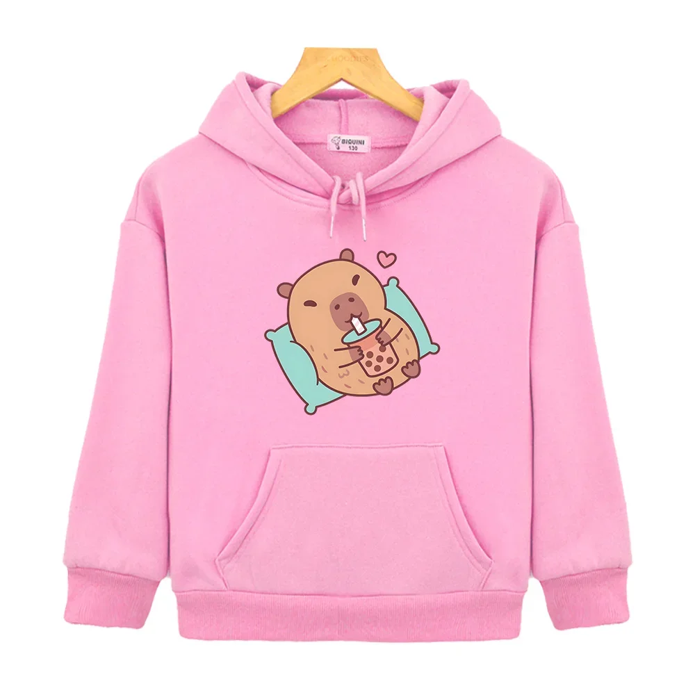 Capybara Loves Drinking Bubble Tea Hoodies Causal Children Kawaii Printing Sweatshirt with Pocket Sudadera Boys Girls Clothing