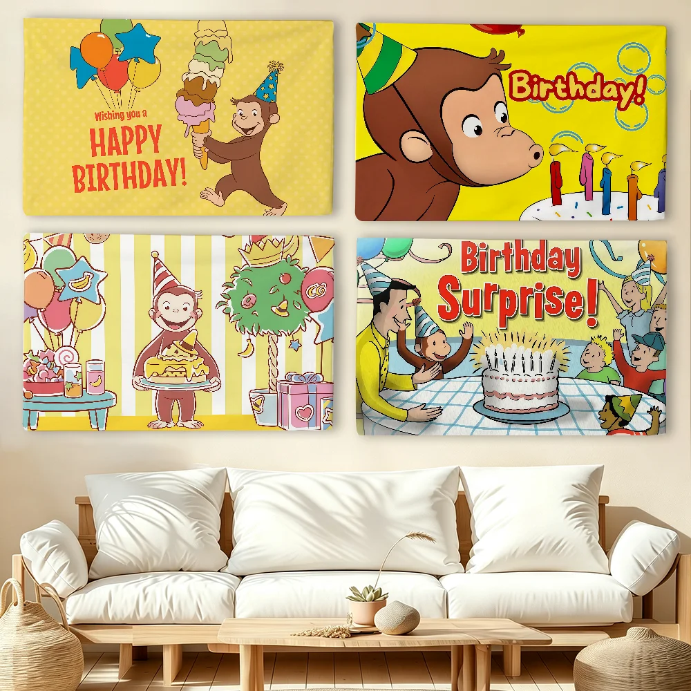 Cartoon C-Curious G-George birthday flag For Living Room Home Dorm Decor Wall Outdoor Camping Party Banner Gifts