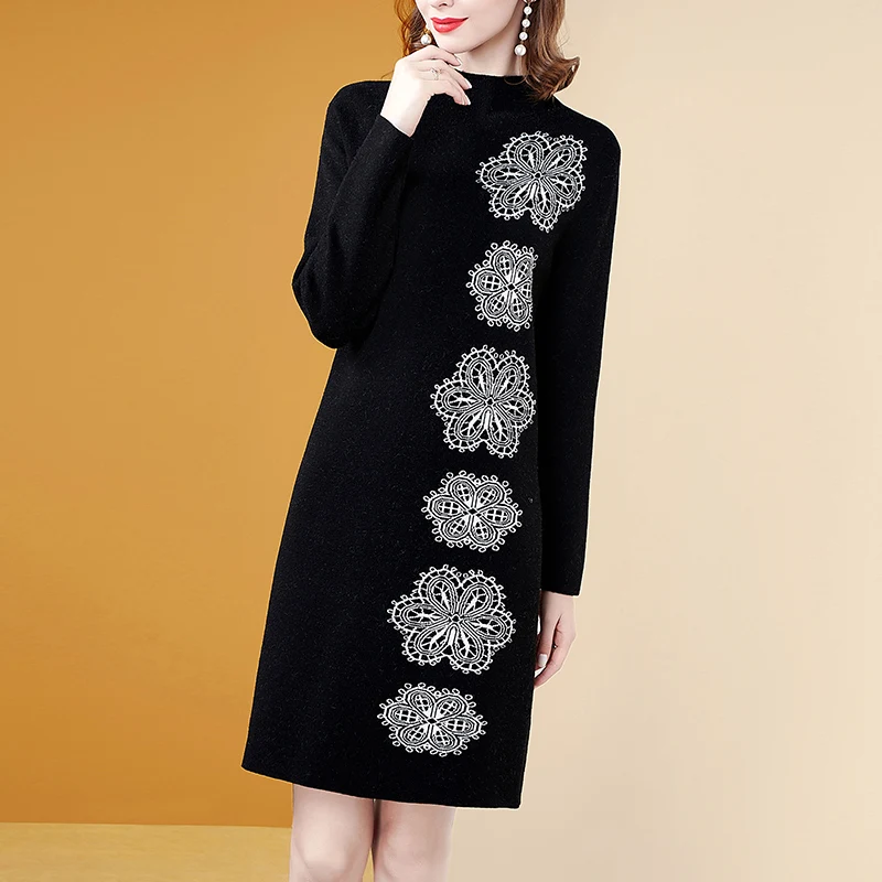 Autumn Winter Fashion Knitted Commute Pullovers Dresses Dress for Women Vintage Jacquard Loose Temperament Elegant Dress