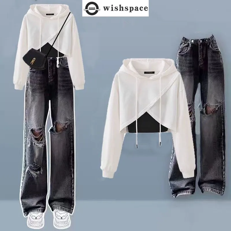 Spring and Autumn Set Women\'s Korean Edition Loose Hoodie with Stacked Tank Top+Age Reducing Work Pants 3-Piece Set