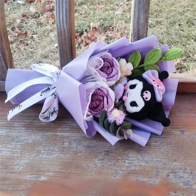 MINISO Kuromi Hello Kitty Cinnamoroll pluche boeket handgemaakt breiroos cadeau Valentijnsdag kerstvakantiecadeau