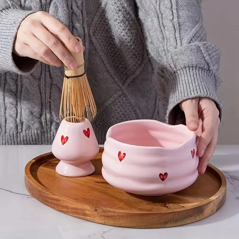 【2/4/5Pcs Cute Heart Decal Ceramic Matcha Set - Matcha Bowl Whisk And Holder Bamboo Scoop Sifter Japanese Tea Ceremony Kit】