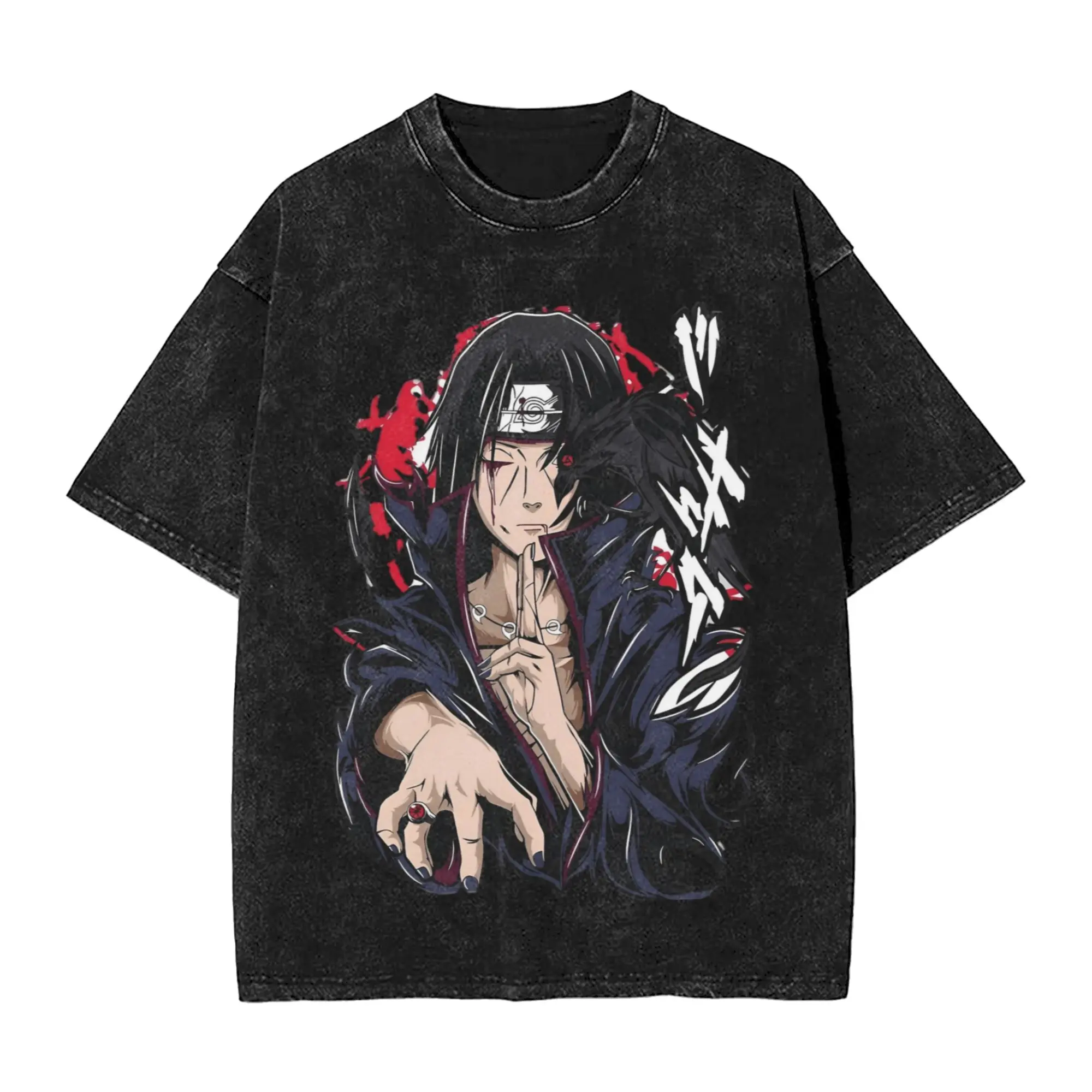 Uchiha Itachi Crimson Crow Ninja – Dark Anime Genjutsu Art Narutoes Anime Washed T Shirts Streetwear T-Shirts Tees Tops Oversize