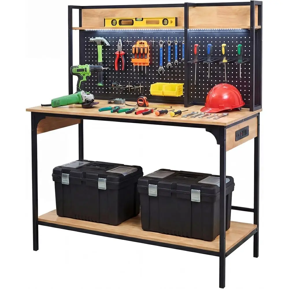 

48" Heavy-Duty Garage Workbench with LED Light & Power Outlet, 1200LB acity Tool Table with Pegboard, Storage Shelves, USB & Typ