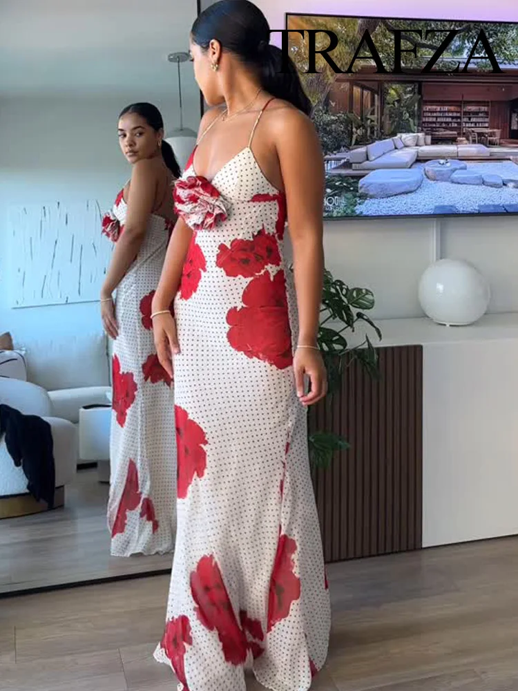 

TRAFZA Women's Fashion Three-dimensional Flower Decoration Printed Long Dress Female Sexy Zipper Backless Sleeveless Sling Dress