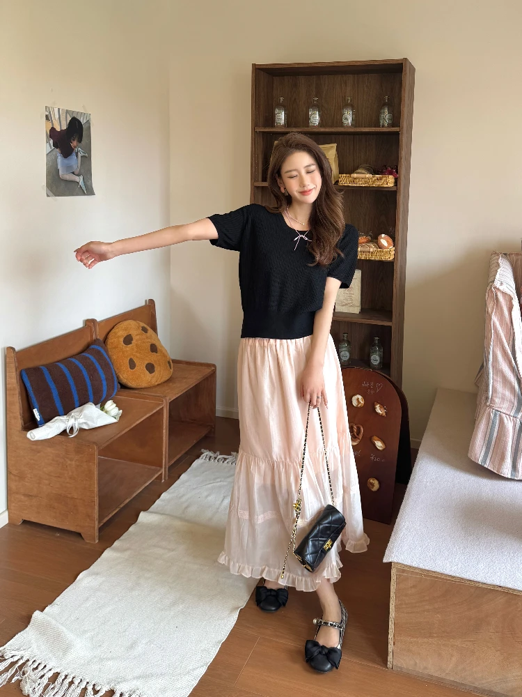 

High Waist f Skirt Korean Sle Lace Trim Lotus Pink Bla Simple A-Line Skirt for Women Ci Commute Spring Summer