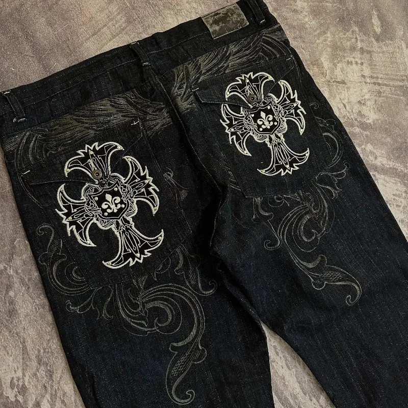 Y2K موضة جديدة نمط التطريز الأسود فضفاض الجينز النساء Harajuku الهيب هوب شعبية روك عادية مهرج عالية الخصر بنطال ذو قصة أرجل واسعة