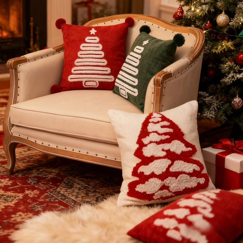 

45X45CM Merry Christmas Throw Pillow Cover Fur Ball Embroidery Waist Cushion Cover New Year Decor Home Decorative Pillowcase