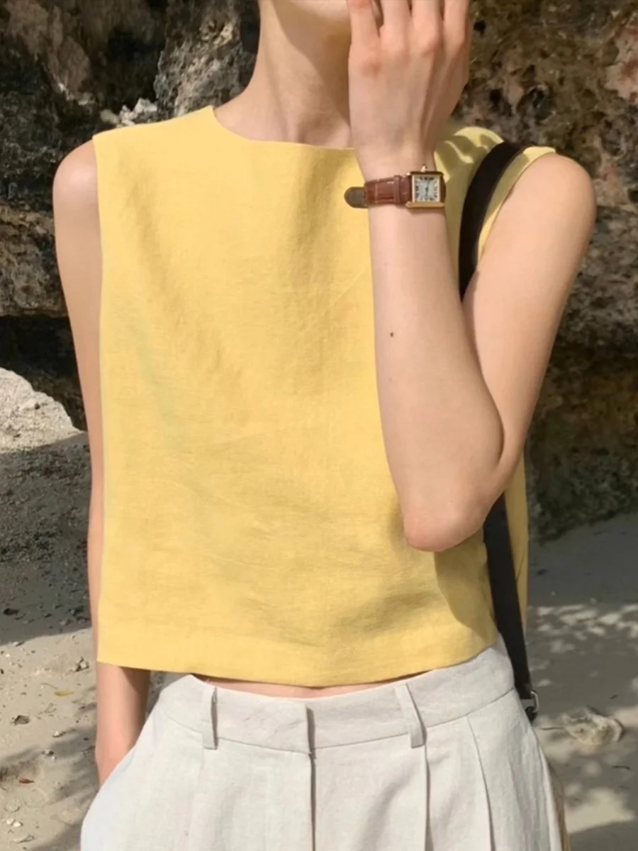 한국 슬림핏 블루 보타이 여성 여름 신상 휴가 캐주얼 다용도 베스트 탑 루즈핏 라운드넥