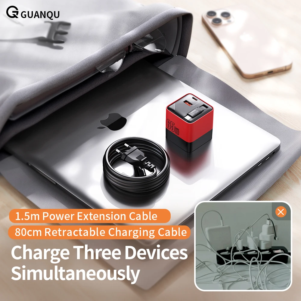 

US 65W GaN Charging Head Fast Charge Built-in 80CM TypeC Cable , for iPhone 16 15 Xiaomi Samsung With 1.5m Extension Cord