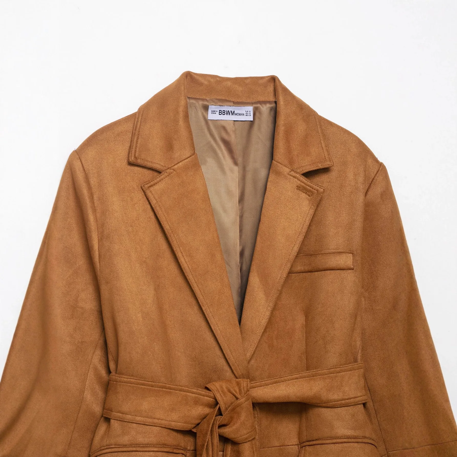 Retro Lace Up Wildleder Blazer Frauen Herbst Langarm Jacke Mode Dame Mantel mit Gürtel Tasche Streetwear Chic Lose Weibliche Anzug