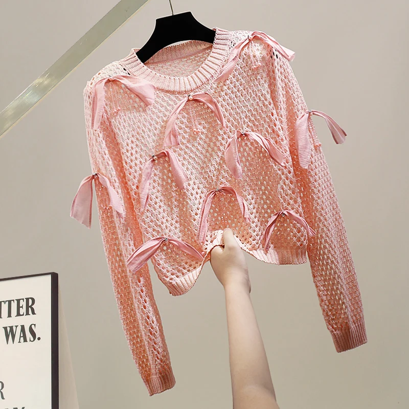 

Вязаная кофта с длинным рукавом, ажурная, тонкая, с объемной вышивкой, с декоративными узлами, повседневная, приталенная, для кондиционированных помещений