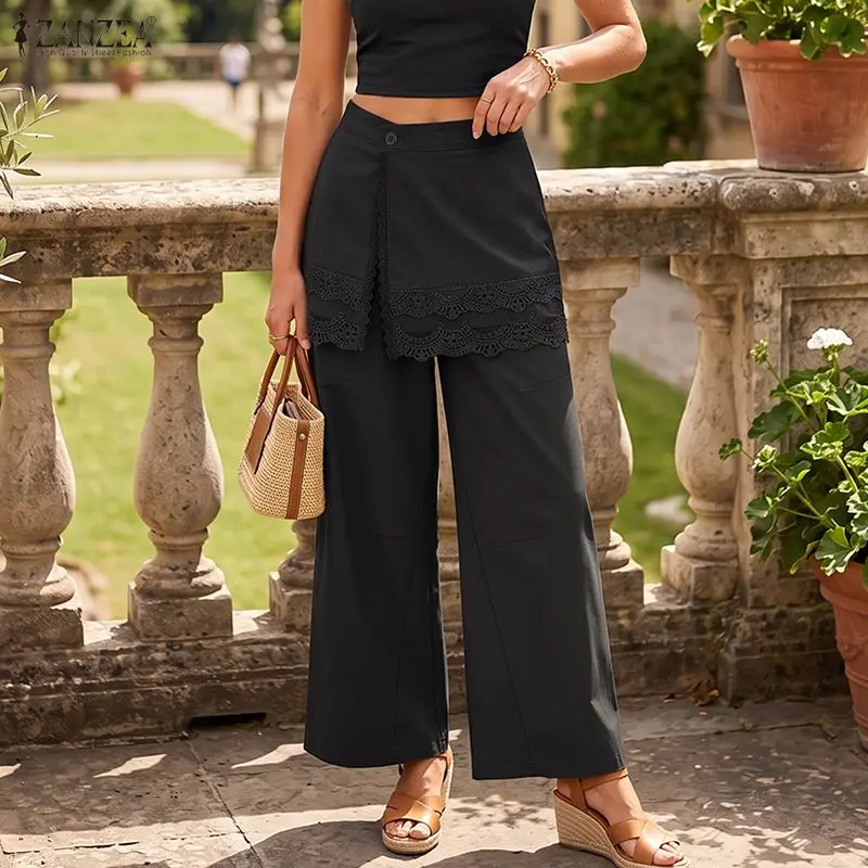 Women Wide Leg Pants ZANZEA Lace Patchwork Fake Two Piece Elastic Waist Vintage Casual Ankle Length Long Trousers Bottoms