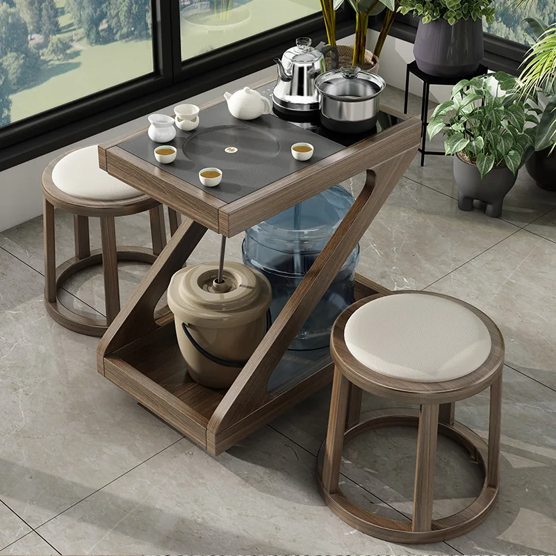 Mobile tea table, small tea table, balcony, household solid wood tea cart, living room, coffee table, sofa side, kettle,
