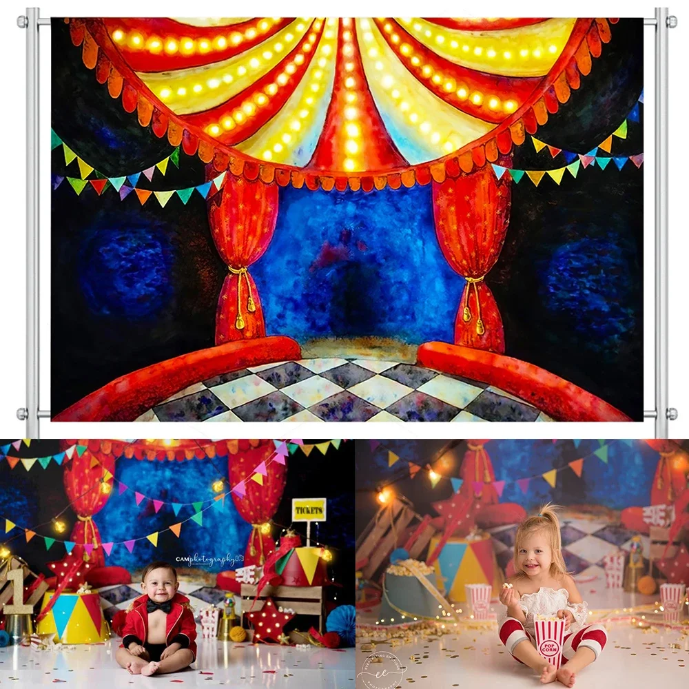 CircusThemed 어린이 현금 스매시 사진 배경, 첫 번째 생일 소품, 아기 예술적 초상화 텐트, 어린이 배경 사진 스튜디오