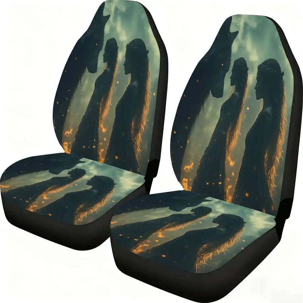 2pcs Mystical Wolf And Women Car Seat Covers Suitable For Front Seats, High Back Design, Material, Suitable For Cars SUVs And Tr