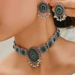 KMVEXO Vintage Dubai Crystal Rhinestone Choker Necklace Earrings Set Ethnic Tassel Pearl African Jewelry Set Women's Accessories