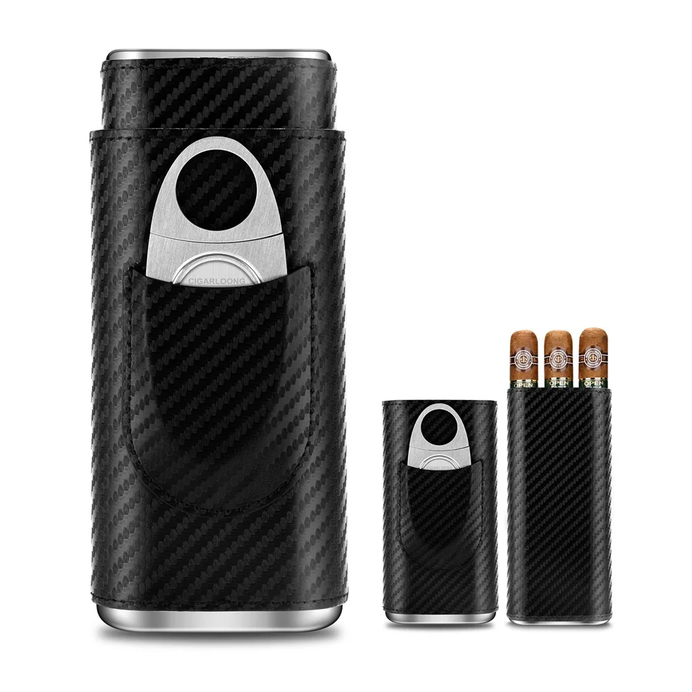 3-pack Cigar Case Portable Leather Holder Box Storage with Stainless Steel Sharp Cigar Cutter Luxury Smoking Accessories CH-24FA