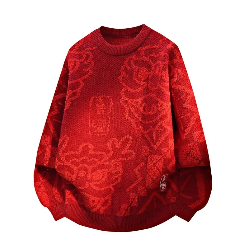 2026 Trendy Brand Autumn/Winter Red Round Neck Sweater Men's Lazy Style Fashion Retro Warm Woolen Sweater M-4XL