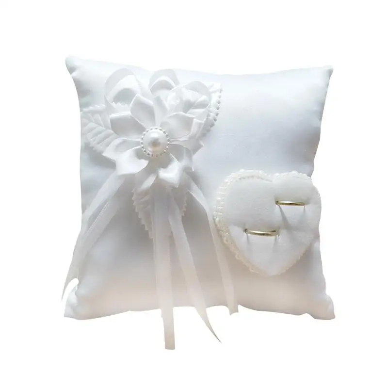 European Romantic Heart Wedding Ring Pillow Handmade Ribbon Bridal Ring Holder Cushion for Ceremony