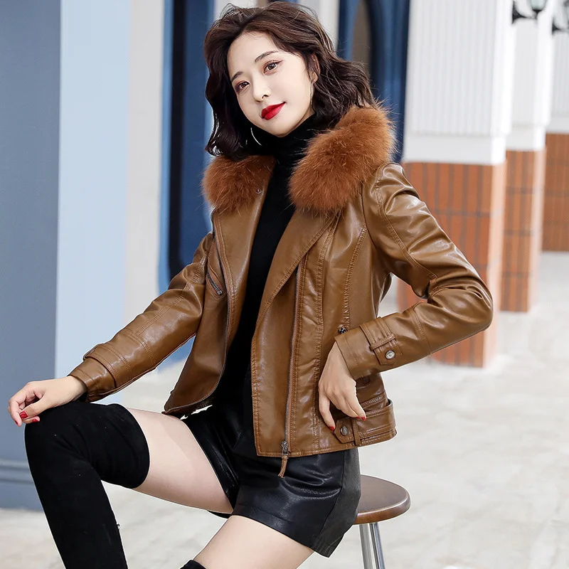 Coat Fox Fur Collar Leather Female Short Spring and Autumn Casual Slim fit Fashion Irregular Zipper Genuine Leather Jacket