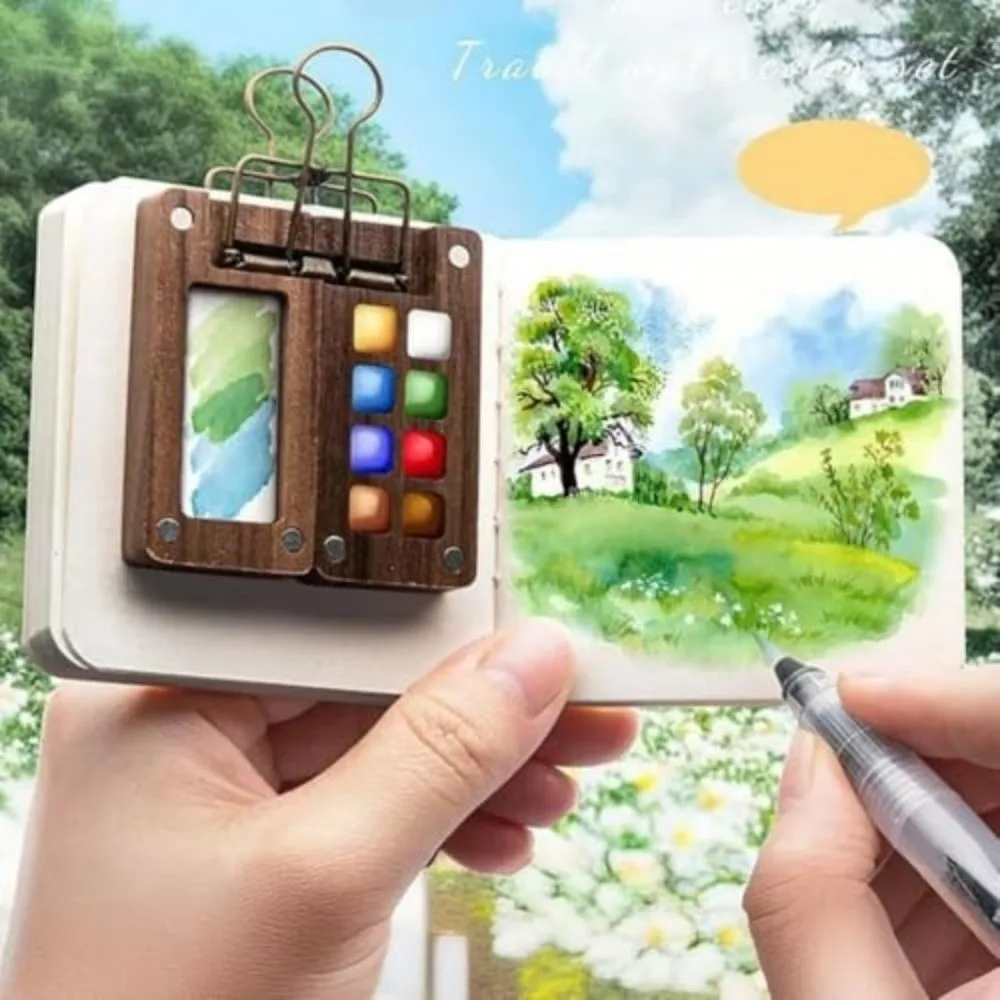 New 8 Grids Pocket Palette Walnut Mini Size Mini Watercolor Set Portable Wooden Wooden Watercolor Set Travel