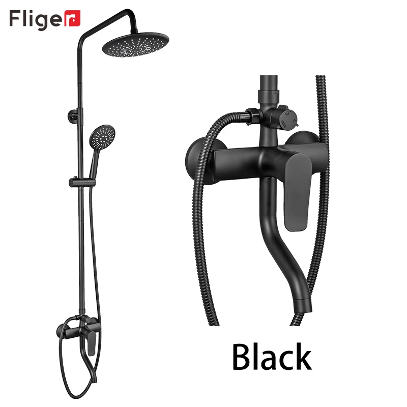 Fliger Black Shower Faucet Brass Rainfall Shower Set Waterfall Shower System Hot Cold Water Shower Mixer Bathroom Faucet