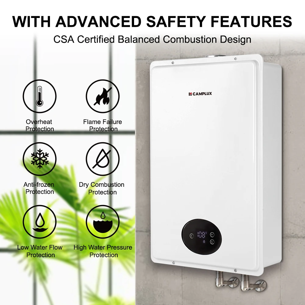 CAMPLUX CA528 5.28GPM 150000BTU Indoor LPG Tankless Hot Water Heater High Flow Instant Heating Compact Design Flue Pipe