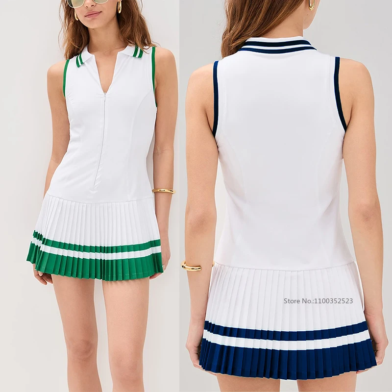 Women Tennis Dress Zipper V-Neck Polo Golf Athletic Dress with Shorts Sleeveless Workout Gym Pleated Skirts Contrast Color
