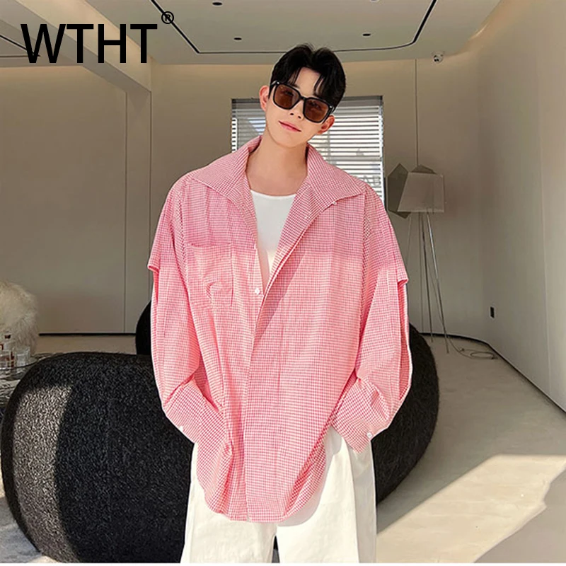 

WTHT Fashion Men's Plaid Spliced Deconstruction Loose Shirts Trendy Single-breasted Long Sleeves Tops Male 2025 Autumn 2A1360