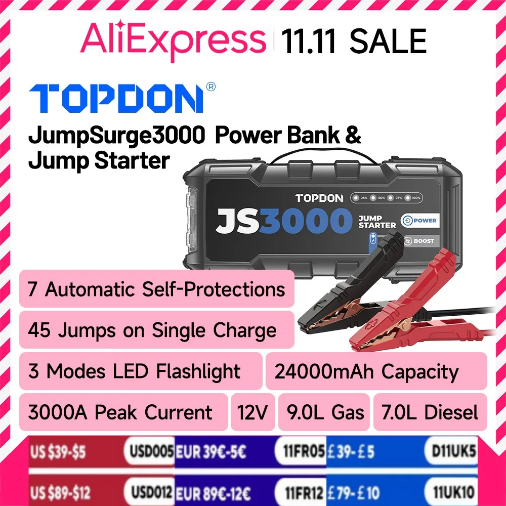 Topdon JS3000 3000A Car Jump Starter Power Bank 12V Car Starting Device 24000Mah Battery Jump Start for Car Booster