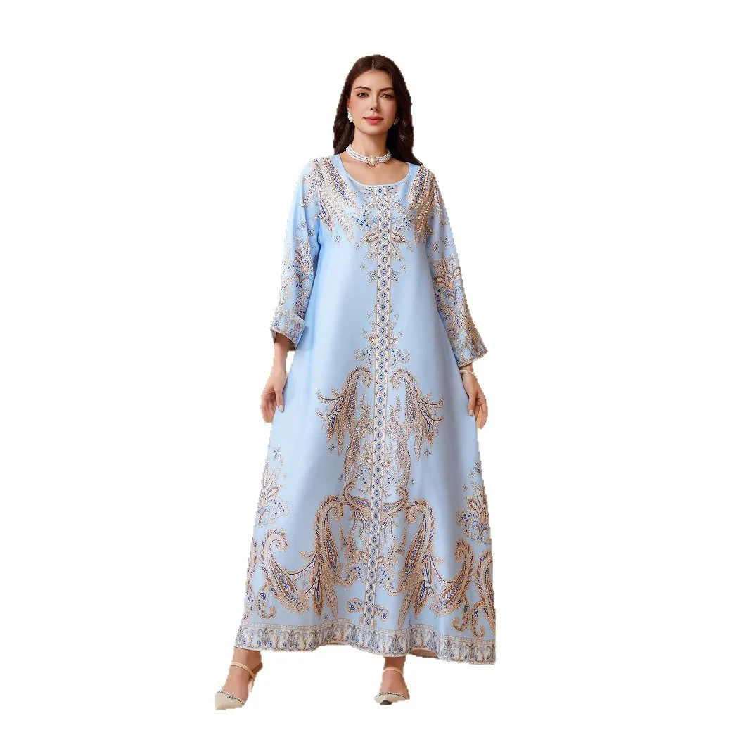 

Мусульманское платье Ближнего Востока в Дубае, женский халат с круглым вырезом и принтом из бисера, тонкие абайи