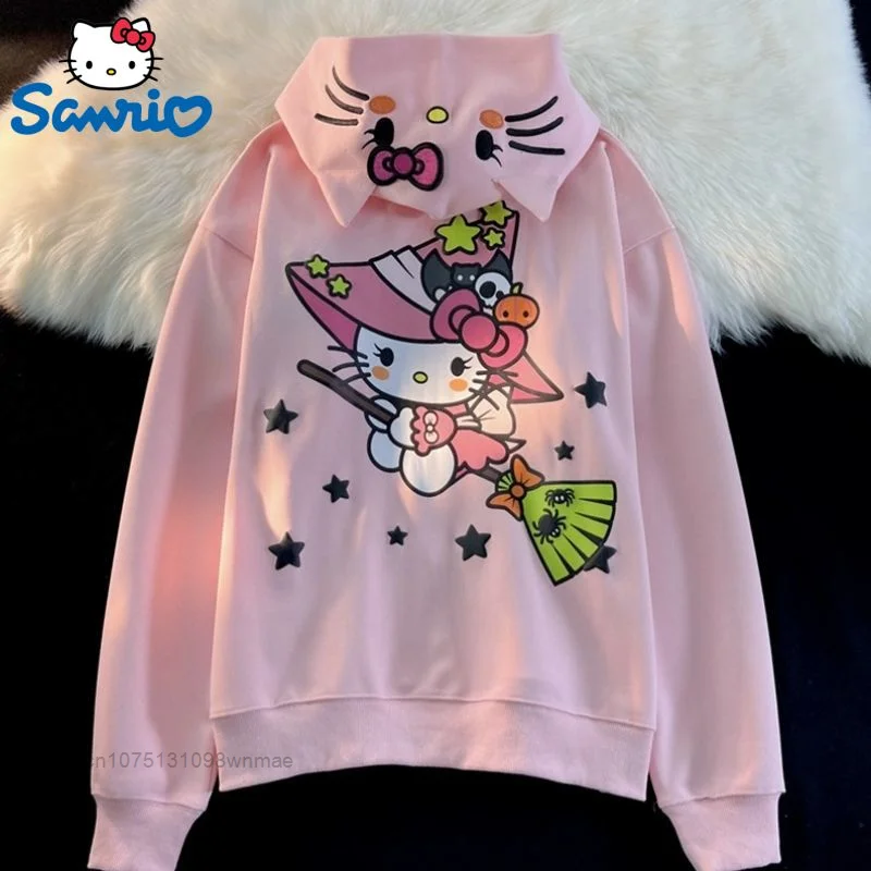 Hooded Zipper Sweatershirt for Women, Loose Oversize Coat, Halloween, Flying Broom, Hello Kitty, Sanrio, Cute, Fashion Hoodies