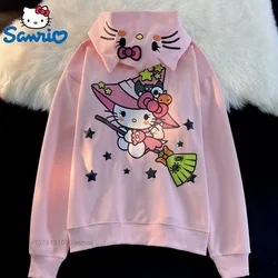 Hooded Zipper Sweatershirt for Women, Loose Oversize Coat, Halloween, Flying Broom, Hello Kitty, Sanrio, Cute, Fashion Hoodies