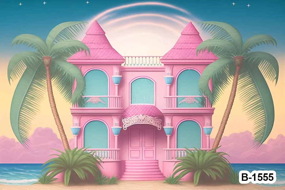 ฉากหลังวันหยุดชายทะเลปราสาทบ้านสีชมพูสำหรับเด็กเล็กเด็กผู้หญิงงานเลี้ยงวันเกิดพื้นหลังงานแต่งงานอุปกรณ์ภาพเหมือนเด็ก