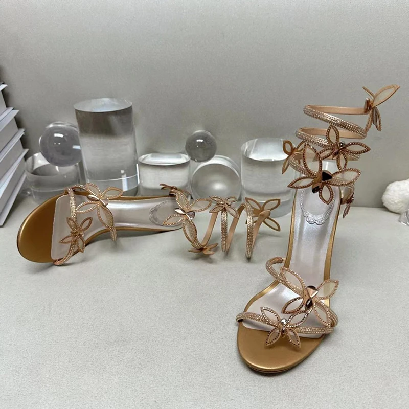 الصيف صنادل كعب عالٍ للنساء حجر الراين فراشة الأفعى خيوط حول الكاحل حزام أحذية الحفلات امرأة الكعب الصنادل امرأة #6