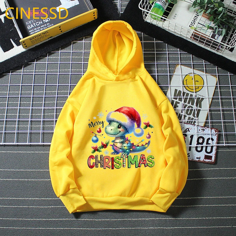 

Merry Christmas Dinosaurs Graphic Printed Hoodies Girls/Boys Harajuku Kawaii Kids Clothes White/Pink/Gray/Yellow Sweatshirt