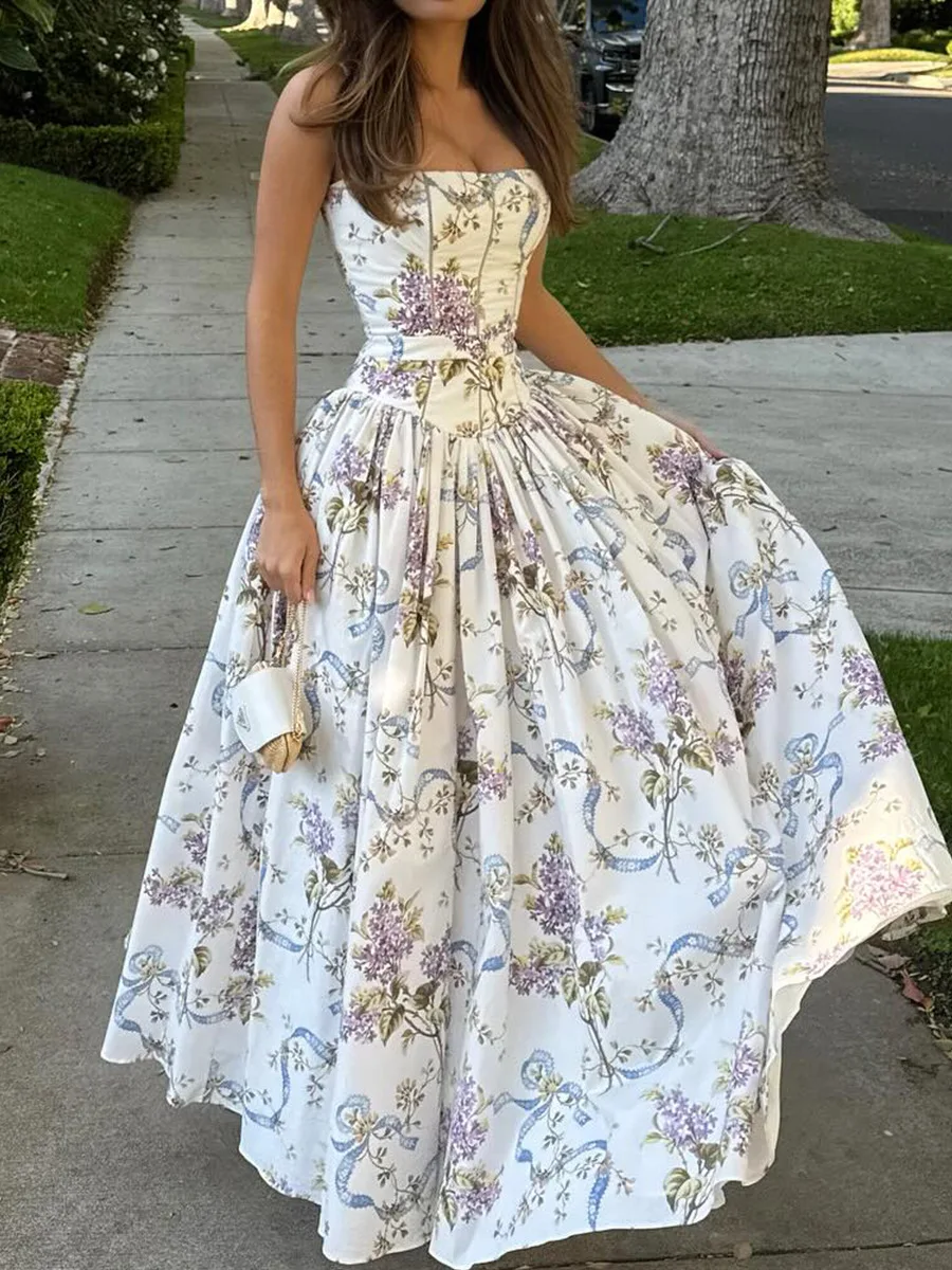 Sexy floral longo vestido de sol feminino oco para fora vestido de verão cintura alta suspensórios maxi vestidos femininos 2025 verão amarelo festival novo