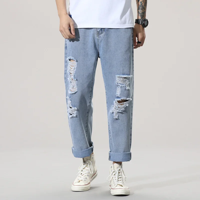 Jeans Men's Loose Straight-Leg Korean Version Of The Trend Hole Beggar Old Tide Brand Ankle-Length Pants Hollow Out Hip Hop