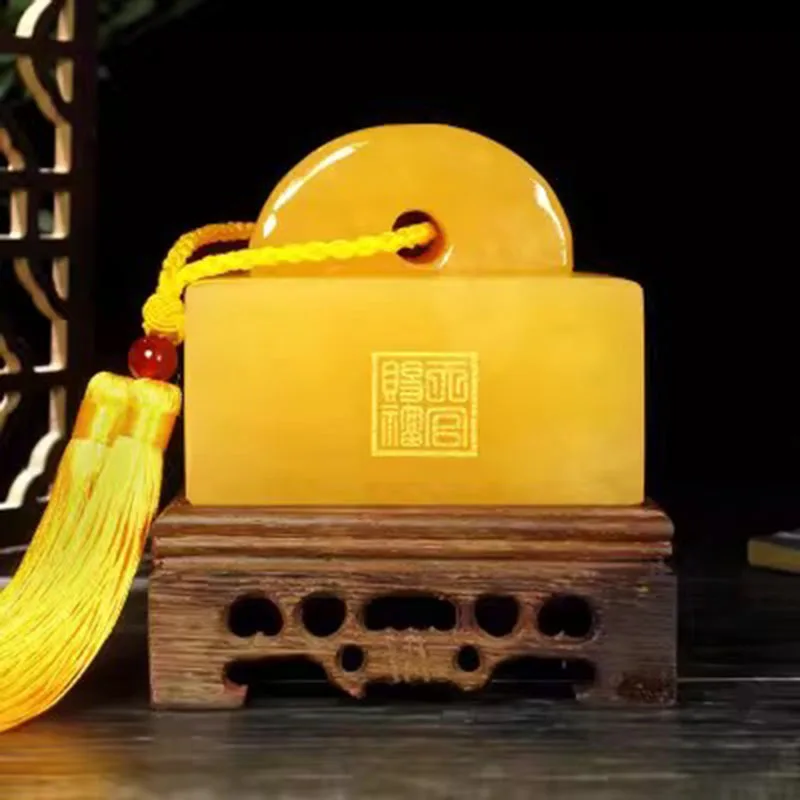 Double Use Yellow Jade Stamp Sculpture, Engravable Name Seal and Elegant Desk Figurine, Natural Stone Feng Shui Gift