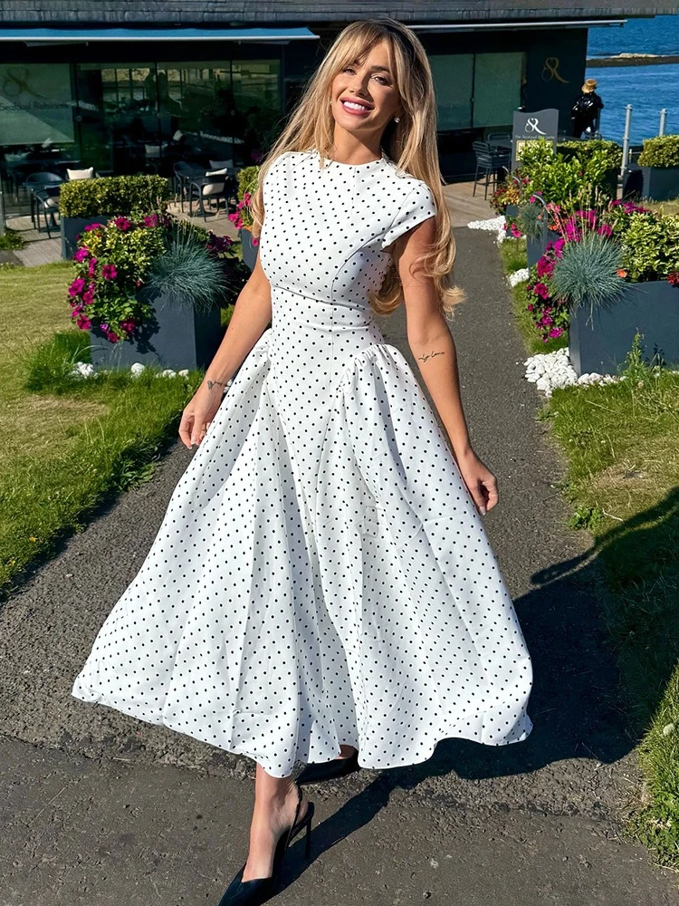 

Tsiisd Vintage Printing Polka Dot Long Dress Women Fashion Sleeveless High-Waist Patchwork Slim Party Dress Female Maxi Dress