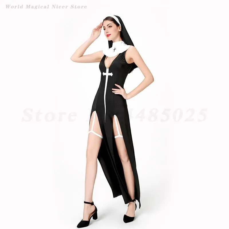 Women's Sexy Nun Cosplay Costume Halloween Fancy Dress Black Maid Role Playing Clothing Carnival Festival Adult Nun Dress Up view 3