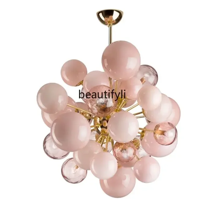 

Italian Designer Art Personality Creative Pink Glass Ball Chandelier Villa Stairs Living Room Bedroom Lamp