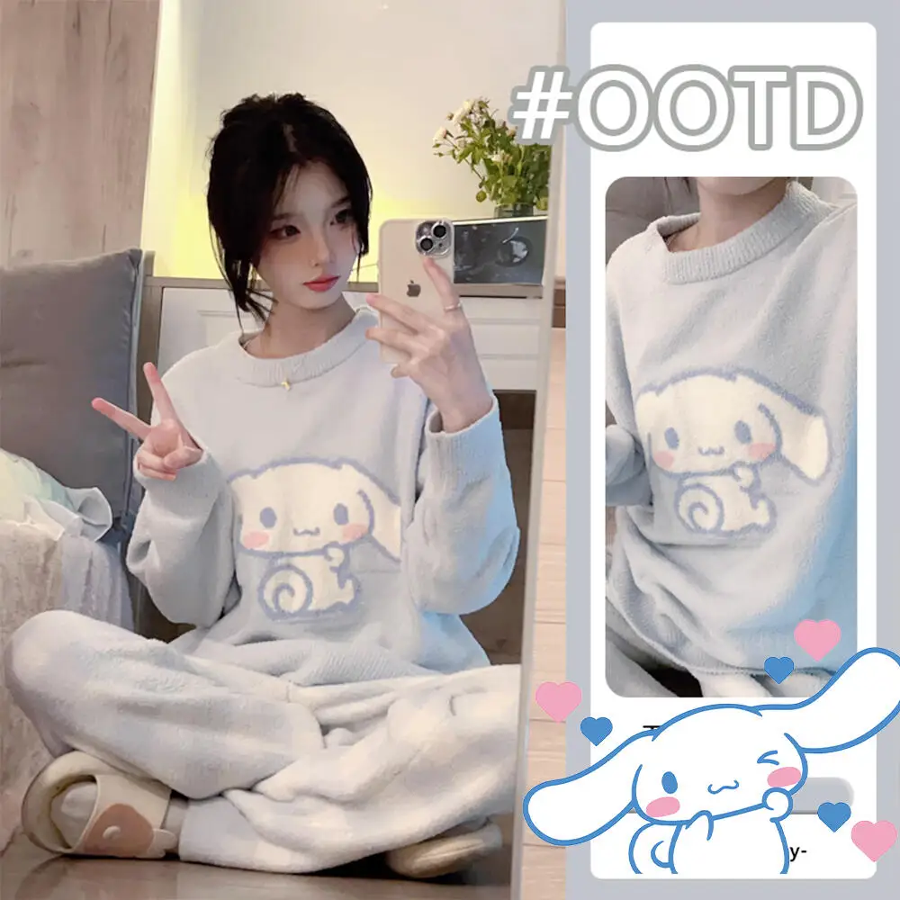 Kawaii cannelle ensemble de pyjamas Sanrio dessin animé femmes tricot en peluche Homewear Anime corail polaire mignon épaissi filles hauts pantalons