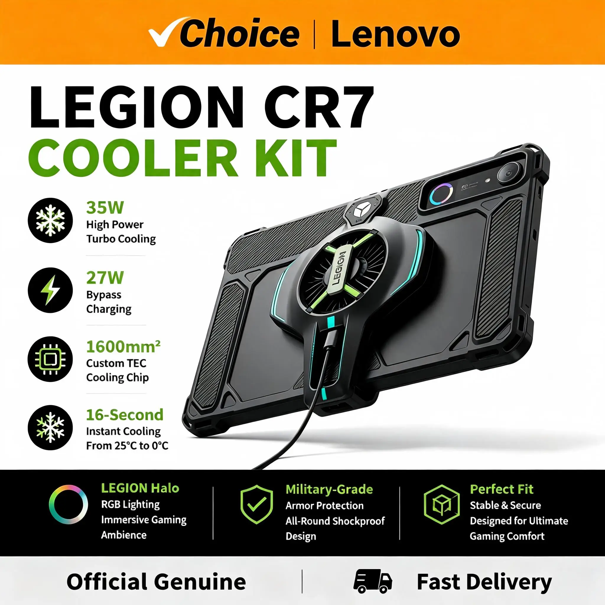2026 New Lenovo LEGION CR7 Tablet Cooler Kit 35W High Power TEC Cooling Fan RGB Gaming Pad Cooling Fan