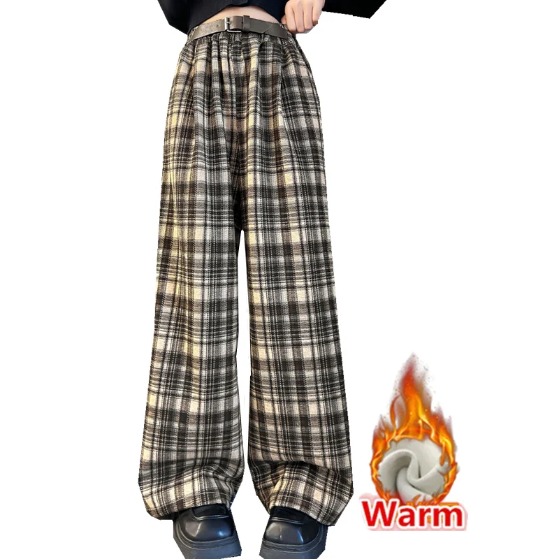 

Hot Girls Winter Warm Plaid Pants with Belt for Children Thick Fleece Lined Insulated Trousers Teenage Kids High Street Pants