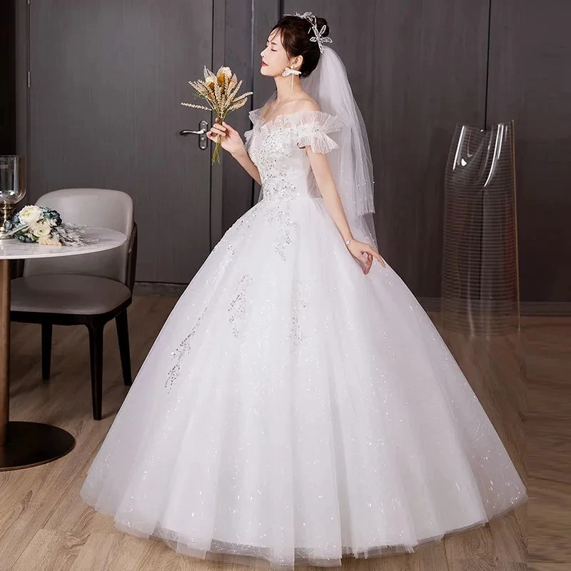 One word shoulder main wedding dress new bride summer high-quality texture French light high waist pregnant women small