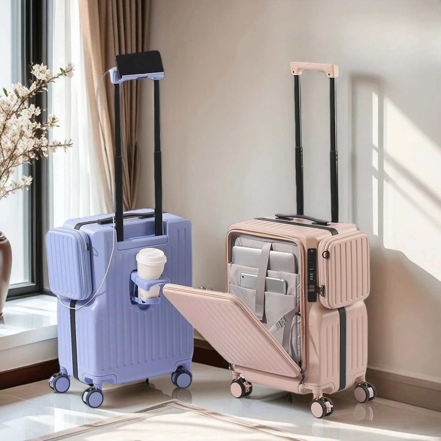 

Front-opening PC Suitcase 20-inch Carry-on Suitcase Combination Lock Luggage Drop-resistant and Durable Trolley Suitcase