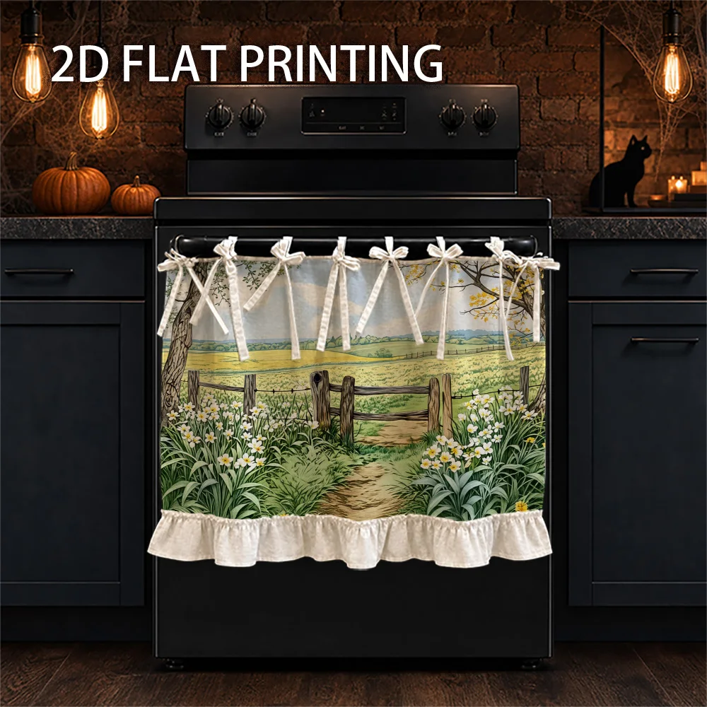 1PC kitchen stove curtain, cabinet curtain, and apron. Features a 2D graphic print design with patterns including pastoral scene